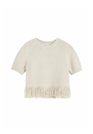 Kurzer, cremefarbener Strickpullover mit fransigem Saum. Leichter Stoff mit Rundhalsausschnitt und lässiger Passform.