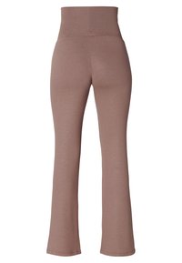Hoge taille bruine leggings van een zachte stof met uitlopende pijpen, voorzien van een naadloos ontwerp en een subtiele textuur over het geheel.
