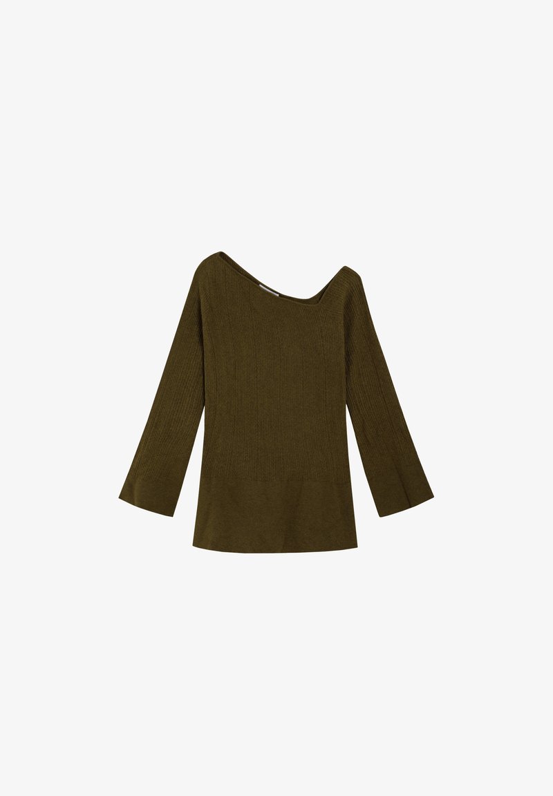 Olive green, ribbed sweater with a wide neckline, long bell sleeves, and a slightly flared bottom hem. Soft, textured knit fabric.