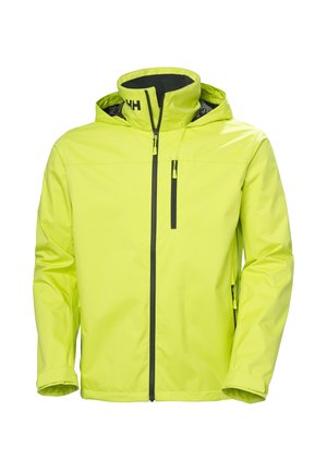 Giacca impermeabile gialla brillante con colletto alto, chiusura frontale con zip, dettagli neri sulla zip e cappuccio. Presenta una piccola tasca sul petto.