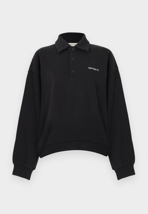 Fekete, hosszú ujjú galléros póló három gombbal, bordázott mandzsettákkal és fehér Carhartt logóval a bal mellrészen.