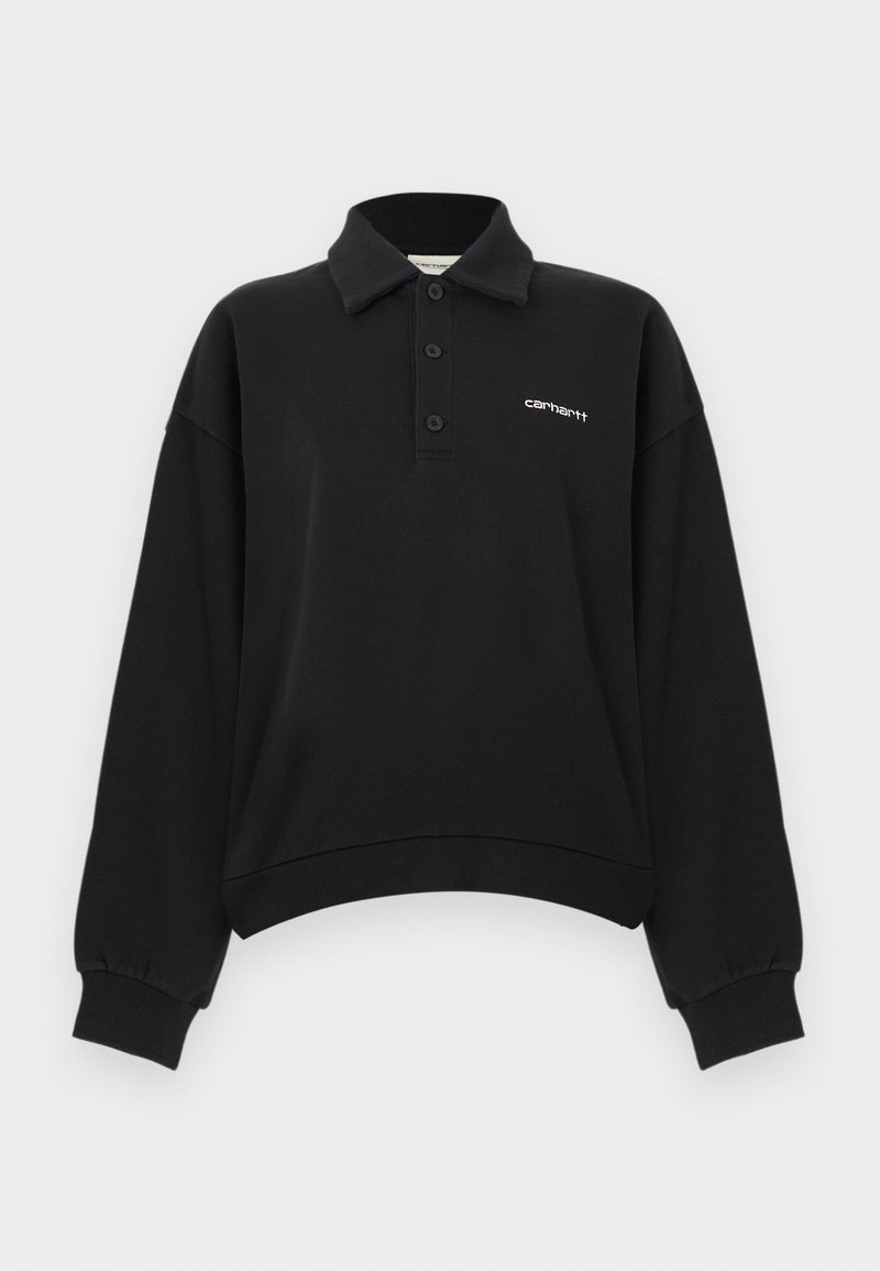Polo noir à manches longues avec trois boutons, poignets côtelés et logo Carhartt blanc sur la poitrine gauche.