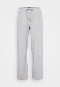 Hellgraue, lässig geschnittene Sweatpants aus weichem Material mit zwei seitlichen Taschen und einem elastischen Bund mit Kordelzug.