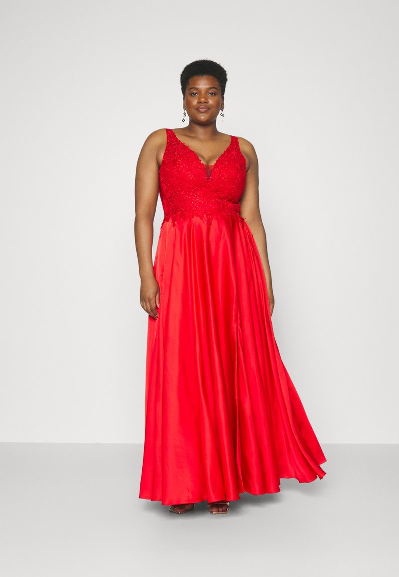 Rotes, bodenlanges Kleid mit tiefem V-Ausschnitt und besticktem Oberteil. Der Rock besteht aus glattem Satin, fließend, mit einer A-Linie Silhouette.