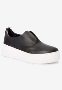 Black leather slip-on shoe with a chunky white platform sole, featuring a smooth texture and elastic side panels for easy wear.
