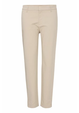 Beige stretch trousers with a slim fit, featuring a flat front, side pockets, and split hems at the ankles for added detail.