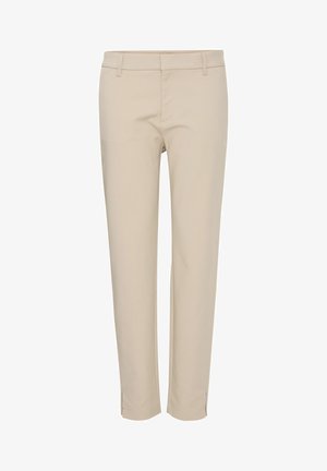Beige stretch trousers with a slim fit, featuring a flat front, side pockets, and split hems at the ankles for added detail.
