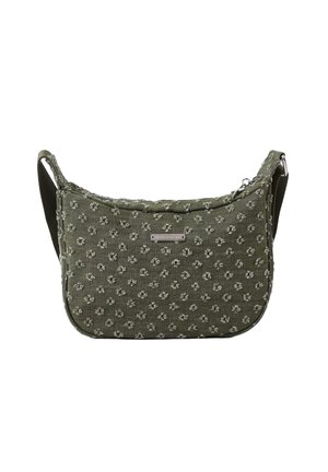 Sac à épaule en tissu vert olive avec petits motifs floraux brodés et une bandoulière réglable avec des pièces métalliques argentées.