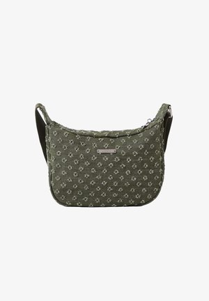 Sac à épaule en tissu vert olive avec petits motifs floraux brodés et une bandoulière réglable avec des pièces métalliques argentées.