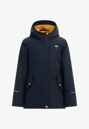 Tumesinine veekindel jakk, millel on kapuuts, kollane fliis vooder, kaks eesmist taskut, kollased nööbid ja hall vihmavari logo rinnal.