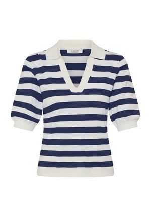 Navyblauw-wit gestreept kortermig topje met een V-hals en een kraag, gemaakt van een getextureerde gebreide stof met zacht opgepofte mouwen.