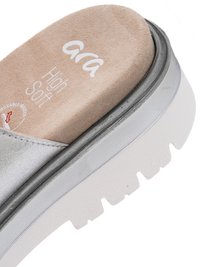Silver slide sandal with white thick sole, beige cushioned footbed labeled "ara High Soft" and "movable insoles" icon.