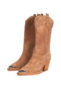 Stivali da cowboy in suede marrone con punta appuntita, accenti metallici, cuciture decorative e tacco a blocco. Due linguette nella parte superiore.