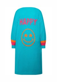 Tyrkysové oversized svetr šaty s růžovým nápisem "HAPPY" a oranžovým hvězdičkovým úsměvem. Disponují výraznými rukávy v barvách bloků.