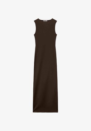 Sleeveless brown maxi dress with a fitted bodice and straight silhouette. Made from smooth fabric, featuring a round neckline and no visible fasteners.