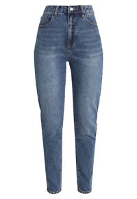 Högmidjade blå denimjeans med rak ben-design, fem fickor och knappstängning, med subtila blekningar och slitna detaljer.