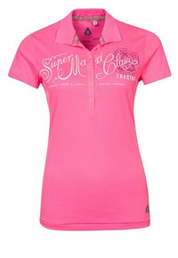 Růžová polo košile vyrobená z bavlny, s límečkem, třemi knoflíky a vpředu bílým grafickým textem s logem. Krátké rukávy a slim fit design.