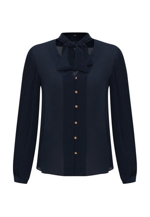 Marineblaue Bluse mit Krawattenkragen, Knopfleiste und gefältelten Ärmeln. Hergestellt aus glattem Stoff mit goldenen Knöpfen als Akzenten.