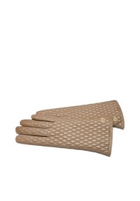 Quilted leather gloves in a light brown color with a smooth texture, featuring two gold-tone accents at the wrist.