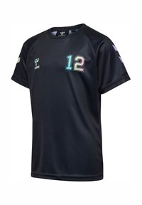 Black short-sleeve sports jersey with pastel number 12 on chest, hummingbird logo, and chevron stripes on the right sleeve.