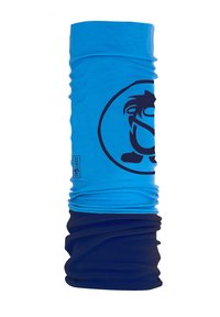 Blue multifunctional neck gaiter made of stretchy fabric. Features a dark blue logo design. Smooth texture with an elongated shape.