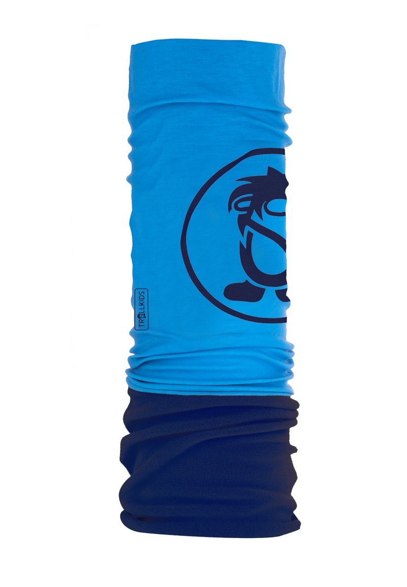Blue multifunctional neck gaiter made of stretchy fabric. Features a dark blue logo design. Smooth texture with an elongated shape.