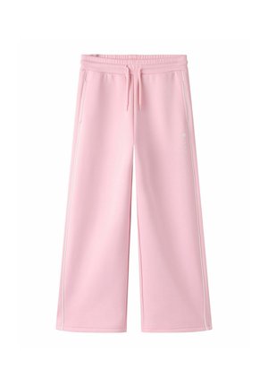 Rosa vidbukse joggebukser med elastisk midje, snøring, sidelommer og hvit piping langs yttersømmene.