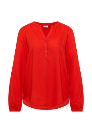 Rode blouse met lange mouwen en V-hals, voorzien van een knoopsluiting en geplooide manchetten. Gemaakt van een gladde stof met een losvallend ontwerp.