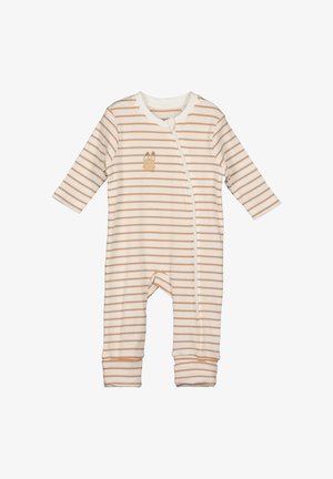 Gestreepte witte en zacht oranje babyromper met lange mouwen, ribbelige textuur en een kleine dierenafbeelding aan de voorkant.