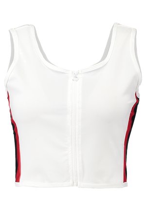 Witte cropped tanktop met een rits aan de voorkant, voorzien van rode en zwarte zijstrips. Gemaakt van glad, elastisch materiaal.