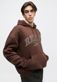 Brūna kapuce ar kangaroo kabatu, kurai ir liels pelēks "Reebok" simbols. Gluda auduma, ar aukliņu regulējamā kapuce un ribotēm aprocēm.