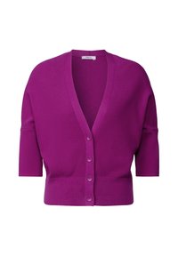 Korte mouwen cardigan in een levendige paarse kleur, met een diepe V-hals, ribbeltextuur en vijf knopen aan de voorkant voor sluiting.