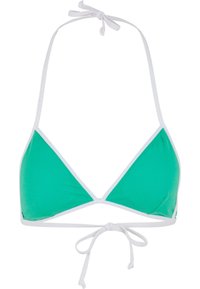 Zeleni bikinijski top v obliki trikotnika, z belim robom in nastavljivimi trakovi za vrvico na vratu in hrbtu. Gladka textura, minimalna zasnova pokritosti.