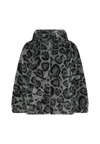 Veste à capuche en fausse fourrure grise, ornée d'un imprimé léopard noir, avec fermeture éclair et cordons de serrage. Texture douce avec une coupe décontractée.