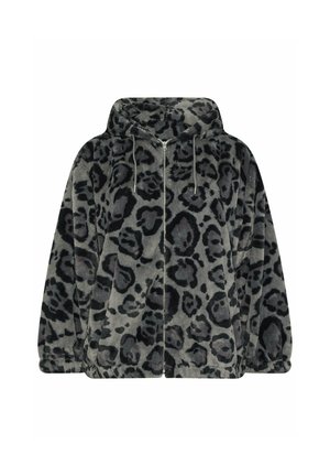 Grijs faux fur met capuchon, met een zwart luipaardpatroon, ritssluiting en trekkoorden. Zachte textuur met een relaxte pasvorm.