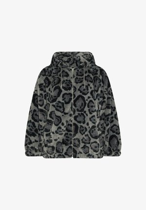 Grijs faux fur met capuchon, met een zwart luipaardpatroon, ritssluiting en trekkoorden. Zachte textuur met een relaxte pasvorm.