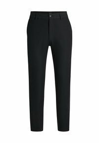Black trousers made of smooth fabric, featuring a front button closure, belt loops, and tapered ankle length with a subtle sheen.