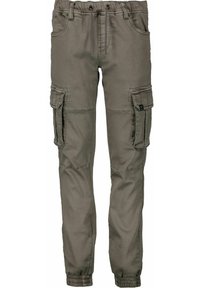 Cargo-Hosen in Olivgrün, aus strapazierfähigem Material, mit elastischem Bund, Seitentaschen und schmal zulaufenden Bündchen.
