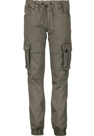 Pantalons cargo de couleur olive, fabriqués en tissu durable, dotés d'une taille élastique, de poches latérales et de poignets fuselés.