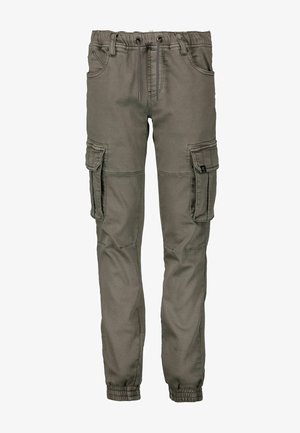 Cargo-Hosen in Olivgrün, aus strapazierfähigem Material, mit elastischem Bund, Seitentaschen und schmal zulaufenden Bündchen.