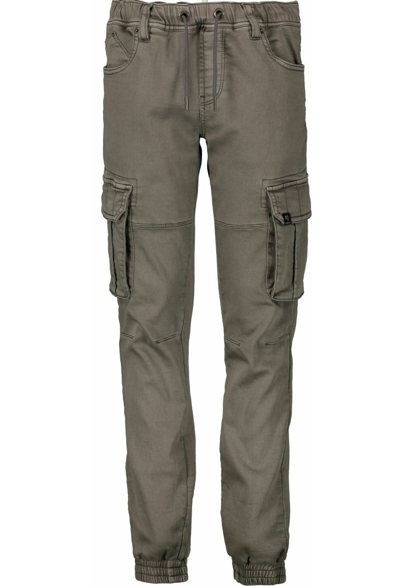 Cargo-Hosen in Olivgrün, aus strapazierfähigem Material, mit elastischem Bund, Seitentaschen und schmal zulaufenden Bündchen.