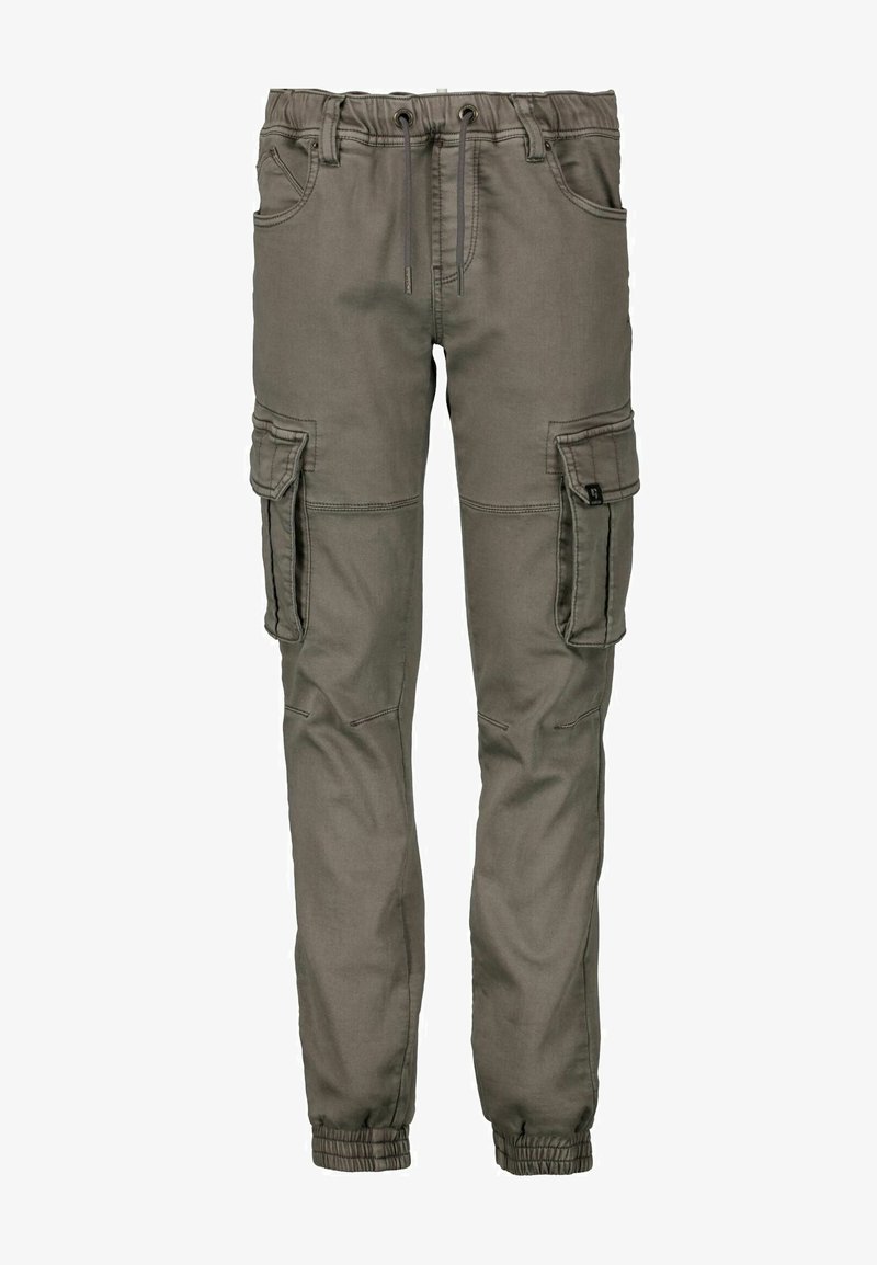 Cargo-Hosen in Olivgrün, aus strapazierfähigem Material, mit elastischem Bund, Seitentaschen und schmal zulaufenden Bündchen.