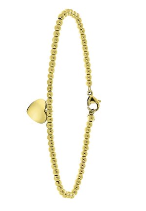Gouden armband met ronde kralen en een hartvormige bedel, voorzien van een veilige karabijnsluiting en een gladde oppervlaktextuur.
