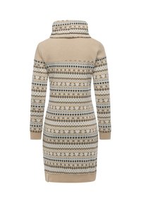 Robe beige à capuche avec des manches longues, présentant un motif géométrique multicolore, des poignets côtelés et une coupe droite. Texture douce, ajustement décontracté.