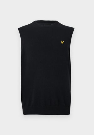 Μαύρο αμάνικο πλεκτό γιλέκο με ριμπ ψηλό λαιμό και τελείωμα, με μικρό κίτρινο κεντημένο λογότυπο πουλιού στο αριστερό στήθος.