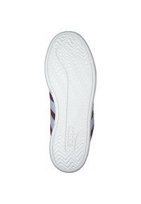 Biała gumowa podeszwa buta z zygzakowatym wzorem bieżnika, z bordowymi i białymi paskami. Logo wytłoczone w pobliżu pięty. Płaska i szeroka konstrukcja.