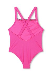 Roze badpak met een textuur van een hexagonaal patroon, voorzien van gekruiste banden op de rug en een gerimpelde rand bij de halslijn.