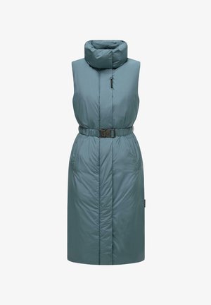 Ärmlös pufferjacka i teal med hög krage, bälte i midjan, sidofickor och quiltat mönster. Slät yta med modern design.