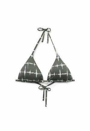 Top de bikini de patrón en blanco y negro con copas triangulares, tirantes finos y cierre de lazo en el cuello; presenta una tela texturizada.