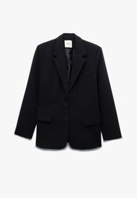 Zwarte blazer met een getailleerd ontwerp, enkele knoopsluiting, twee voorzakken, notch lapel en een zachte binnenvoering.